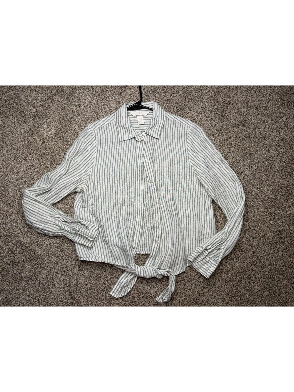H&M Linen Striped Button-Up Shirt with Tie Front XS